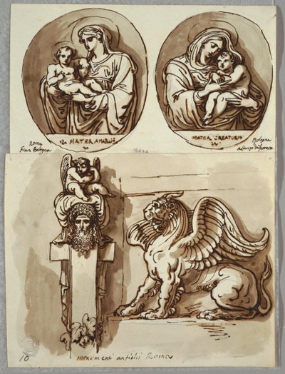 Två teckningar av Madonnan och barnet i ovaler, studier efter Giambologna och Alfonzo da Ferrero; Herm och Chimera, efter Antik av Felice Giani