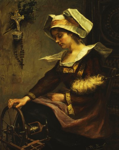 Ung bretonsk kvinna och spindel; Ung breton flicka på Rouet (olja på duk) av Felicie Palade Bonnal