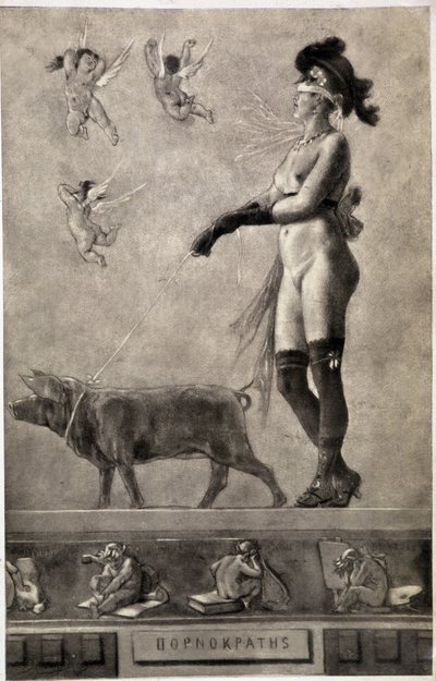 Pornokrates (Naken kvinna, ögonremsor, omgiven av änglar och håller en gris i koppel) - teckning av Felicien Rops (1833-1898) av Félicien Rops