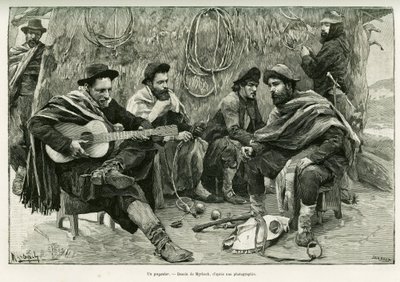 En payador, duell på vers av vandrande sångare. Gravyr av Myrbach, för att illustrera berättelsen Voyage a la Plata, 1886, av Emile Daireaux, i le tour du monde 1888, regisserad av Edouard Charton (1807-1890), Hachette, Paris. av Felicien baron de Myrbach-Rheinfeld
