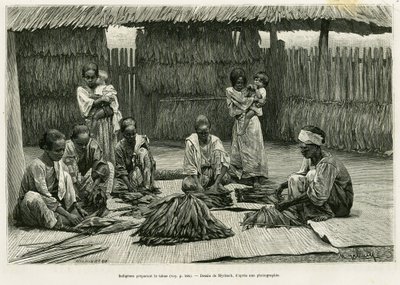 Ursprungsbefolkningen som tillverkar tobak. Gravyr av Myrbach för att illustrera berättelsen Lucon och Palaouan, sex år i Filippinerna, av Alfred Marche (1844-1898), i le tour du monde 1886, regisserad av Edouard Charton (1807-1890), Hachette, Paris. av Felicien baron de Myrbach-Rheinfeld