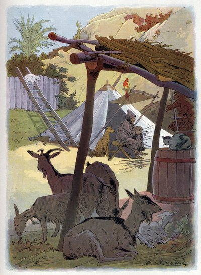Robinson Crusoe hem med sina djur. av Felicien baron de Myrbach-Rheinfeld
