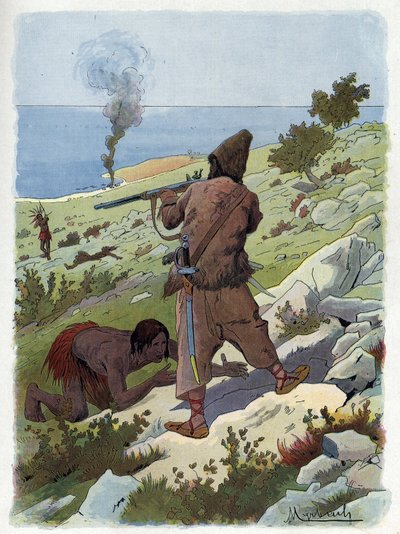 Robinson Crusoe dödar vildarna som jagar fredag. av Felicien baron de Myrbach-Rheinfeld