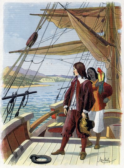 Robinson Crusoe lämnar sin ö - Illustration av Felician MYRBACH MYRBACH RHEINFELD (1853-1940) Till Daniel Defoes bok (De foe) Robinson Crusoe. Inget datum. Omkring 1934 av Felicien baron de Myrbach-Rheinfeld