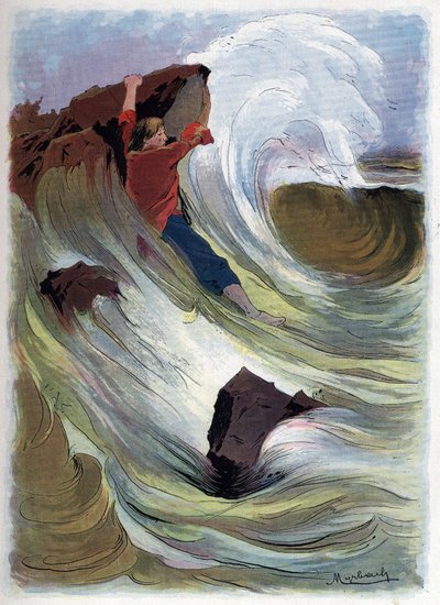 Robinson Crusoe lyckas hålla sig fast vid en sten. av Felicien baron de Myrbach-Rheinfeld