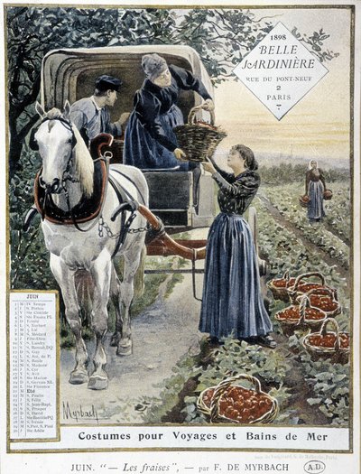 Jordgubbsplockning - av Myrbach, Kalender "The Beautiful Planter", juni 1898 av Felicien baron de Myrbach-Rheinfeld