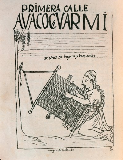 En kvinnlig vävare som använder en vävstol (bläckteckning av Felipe Huaman Poma de Ayala
