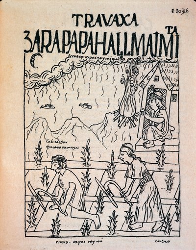 Ett Inca Hatun Runa-par som arbetar på fälten i januari (bläckritning av Felipe Huaman Poma de Ayala
