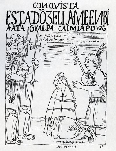 Kapten Ruminavi presenterar Francisco Pizarro och Diego de Almagro med två kvinnor av Felipe Huaman Poma de Ayala