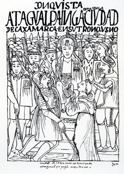 Diego de Almagro, Francisco Pizarro och broder Vicente de Valverde knäböjer inför Atahualpa Inca i Cajamarca av Felipe Huaman Poma de Ayala