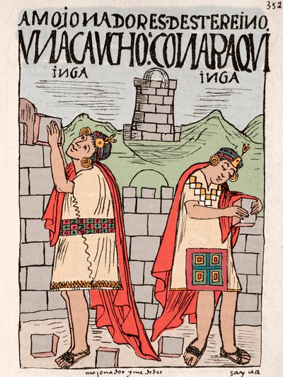 Bläckteckning från manuskriptet "" New Chronicle and Good Government"" av Don Felipe Puma de Ayala som illustrerar inkans liv, cirka 1587 Lima, National Museum of Anthropology, Arqueo av Felipe Huaman Poma de Ayala