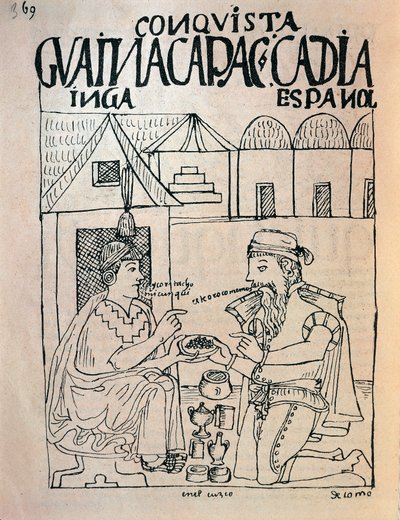 Inka från Cuzco och engelsk conquistador tar emot gåvor i utbyte mot inkakejsaren Atahualpas frihet (bläckteckning av Felipe Huaman Poma de Ayala