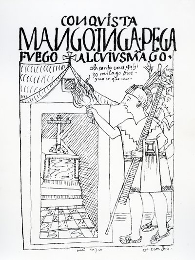 Manco Inca försöker bränna inkapalatset Cuyus Mango, som hade konverterats för kristen dyrkan, men Gud ingriper (träsnitt) av Felipe Huaman Poma de Ayala