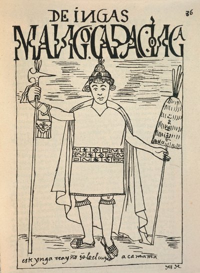 Representation av Manco Capac, den legendariska inkagrunden för kungariket Cusco och en figur av inkamytologin (bläckteckning av Felipe Huaman Poma de Ayala