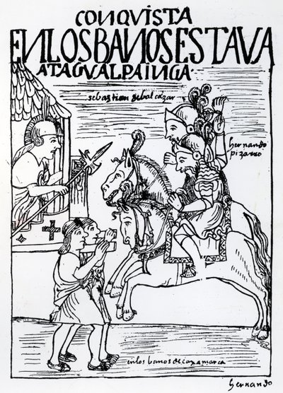 Sebastian de Benalcazar och Hernando Pizarro konfronterar Atahualpa Inca vid Royal Baths i Cajamarca (träsnitt) av Felipe Huaman Poma de Ayala