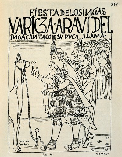 Offret av en lama i samband med en inkarit (bläckteckning, ca 1587) av Felipe Huaman Poma de Ayala