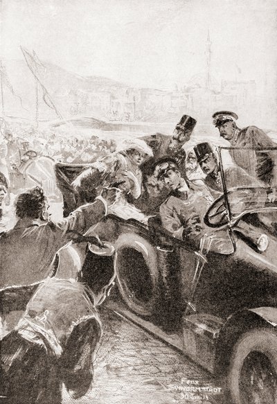 Mordet på Franz Ferdinand och hans fru Sophie, hertiginnan av Hohenberg, 28 juni av Felix (after) Schwormstadt