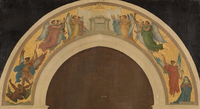 Skiss för Treenighetskyrkan: Påsklammet. Grupp av beundrande änglar. Ärkeängeln Sankt Mikael övervinner djävulen. Bebådelsen. Den helige Paulus. Sankt Petrus, ca 1864 (olja på duk) av Felix A.M. (after) Jobbe-Duval