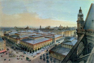 Vy över Les Halles i Paris tagen från Saint Eustache övre galleri, ca. 1870-80 av Felix Benoist