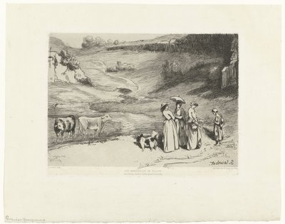 Unga kvinnor ger herdinna pengar i kuperat landskap Les demoiselles du villages (titel på objekt) av Felix Bracquemond