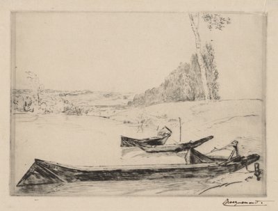 Små färjor på stranden av Seine, ca. 1858. av Felix Bracquemond
