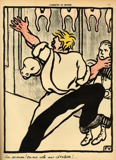 En slaktare griper en kvinna i nacken och ropar på hjälp, från "Crimes and Punishments", specialutgåva av "L