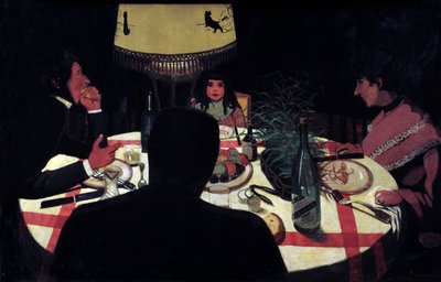 Middag, lampeffekt. Representation av målaren omger hans fru och vackra barn. Målning av Felix Vallotton (1865-1925) Ec. Följ av Felix Edouard Vallotton