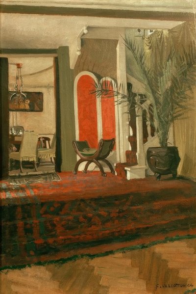Interiör, vardagsrum med trappa och matsal i källaren av Felix Edouard Vallotton