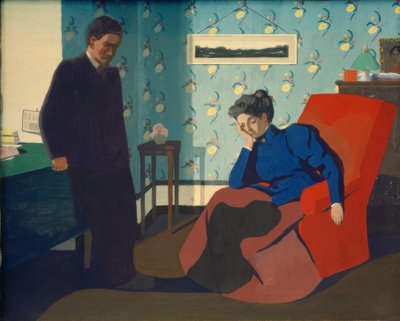 Röd fåtöljinredning och figurer av Felix Edouard Vallotton