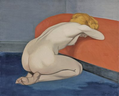 Naken kvinna på knä framför en röd soffa, 1915 av Felix Edouard Vallotton