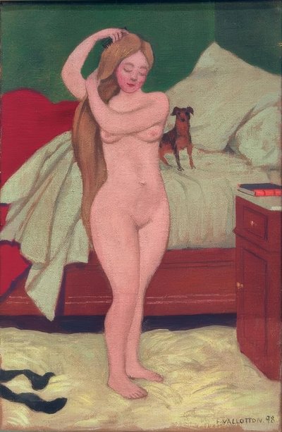 Kvinnlig naken, kamning, interiör av Felix Edouard Vallotton