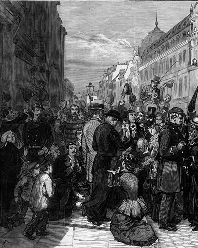 Deportation av jesviterna från Rue de Sevres i Paris efter dekreten från mars 1880 utfärdade av Jules Ferry och avskaffande av rätten att undervisa medlemmar av otillåtna religiösa församlingar: den parisiska befolkningen visar solidaritet med vräkningen av Felix Elie Regamey