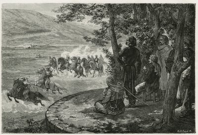 Djeridens lopp började ryttaren hålla en kort käpp som representerade både spjutet och geväret; han grenade den ovanför huvudet innan han kastade den, graverad av F.Regamey, för att illustrera historien Les Ansaries, av Leon Cahun, en mission cha av Felix Elie Regamey