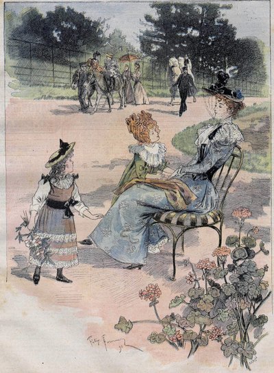 Barnens vandring till acklimatiseringsträdgården i Paris 1892. Gravering av gjuteriakvarellen. av Felix Fournery