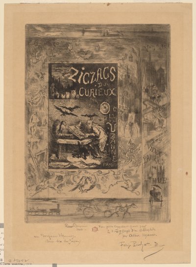 Frontispice för "Zigzags of a Curious, av Octave Uzanne" av Felix Hilaire Buhot