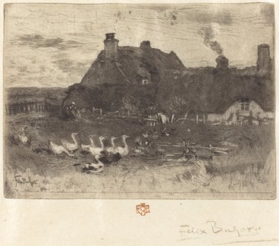 Les Petites Chaumières stugor med halmtak – liten tallrik, 1878. av Felix Hilaire Buhot