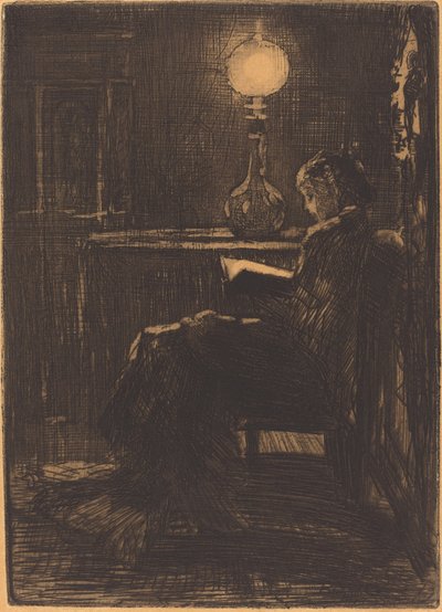 Lampläsare (kvinna som läser med lampljus) av Felix Hilaire Buhot