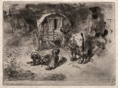 The Guardians of the House, eller Saltimbanques vänner, ca. 1875. av Felix Hilaire Buhot