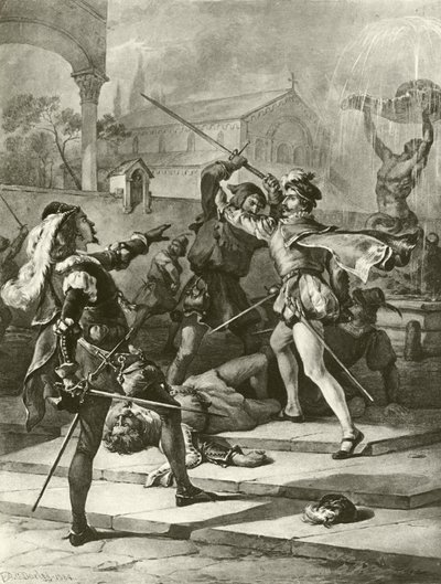 Romeo och Julia. Akt I-Scen I (gravyr) av Felix Octavius Carr Darley