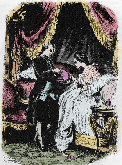 Drottningens sprit inspirerar halsbandsfodralet. Teckning av Felix Philippoteaux (1815-1884) till Alexandre Dumas "Drottningens halsband". av Felix Philippoteaux