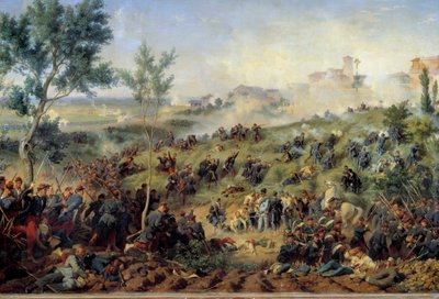 Utsikt över slaget vid Montebello di Casteggio, 1859-05-20 Frankrike vinner den österrikiska armén. Målning av Henri-Felix-Emmanuel Philippoteaux (1815-1884) 1862. Dim. 1x1,5 m. Paris, Musee de l
