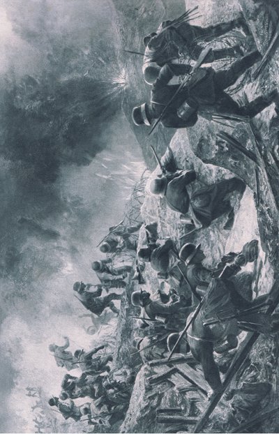 Attack, illustration från Hindenburg utgiven av Daterlandischer Derlag C U Weller Berlin av Felix Schwormstadt