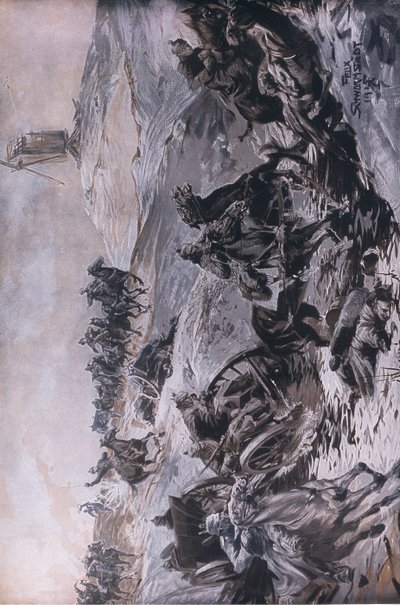 Från östfronten: Artilleri i transit under fiendens eld, illustration från Hindenburg publicerad av Daterlandischer Derlag C U Weller Berlin av Felix Schwormstadt