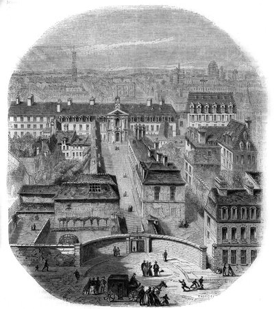 Utsikt över Gobelins gobelängfabrik i Paris, med kapucinerklostret, observatoriet och drottning Blanches slott. Gravyr av Thorigny av Felix Thorigny