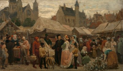 En marknad i Gent under medeltiden, studie, ca 1862 (olja på duk) av Felix de Vigne