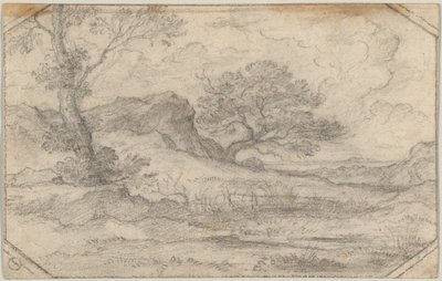 Idealiskt landskap med två träd och ett stenmassiv av Ferdinand (Johann Heinrich Ferdinand) von Olivier