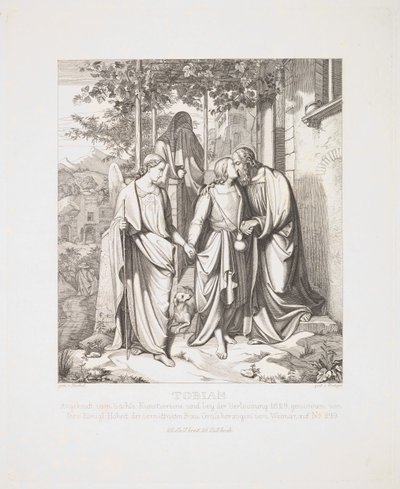 Tobias tar avsked av sin far, 1829. av Ferdinand Anton Kruger
