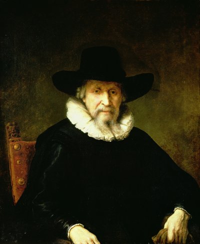 Porträtt av en gentleman som bär en ruff och mörka kläder med en bred brättad hatt av Ferdinand Bol