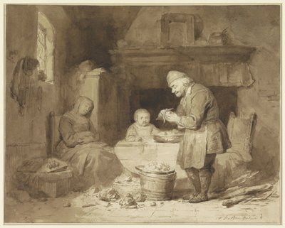 Medan en kvinna har somnat står en gammal man och skalar potatis av Ferdinand De Braekeleer (I)