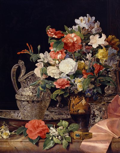 Blombukett med silverkärl och antik vas av Ferdinand Georg Waldmüller